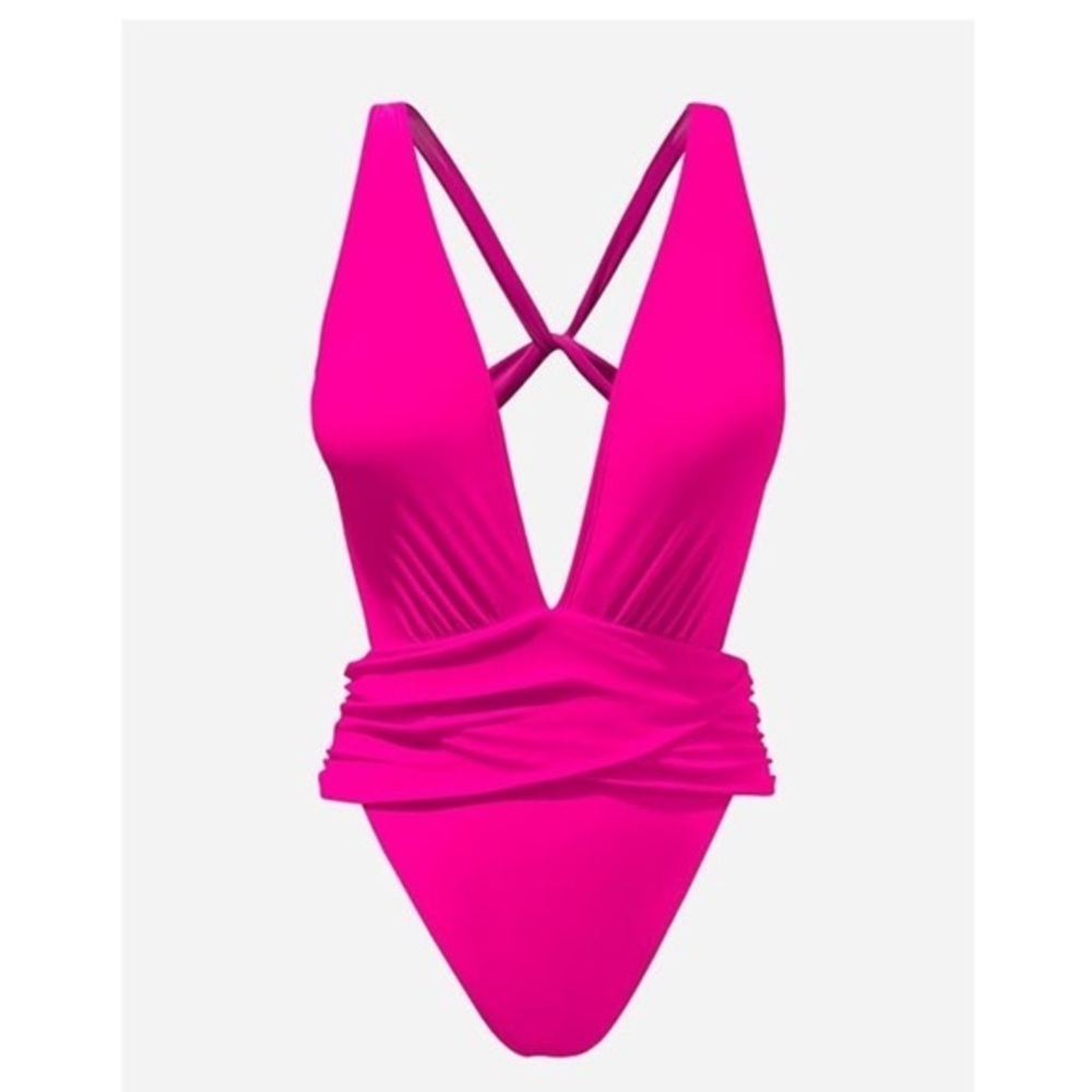CUPSHE one piece swimsuit with cross back cutout deep v neck ruched high cut -S